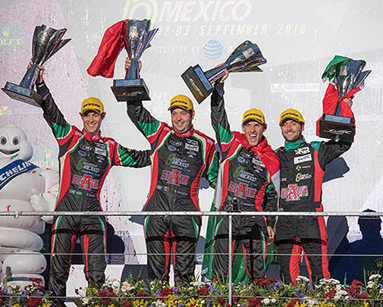 Image of four racing drivers: Toni Calderon, Ricardo Gonzalez, Filipe Albuquerque, and Bruno Senna, standing together.