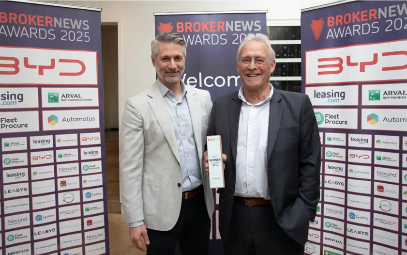 Adrian Meichtry of award sponsor Partridge BMW (left) with Keith Hawes of Nationwide Vehicle Contracts, winners of the Best Volume Broker Award