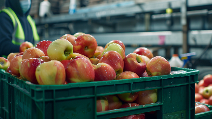 ood charity warehouse scene, close-up of a large green cardboard produce crate filled with red and yellow apples