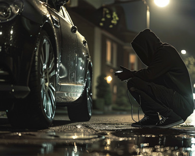 Dark street scene showing a hooded figure attempting to steal a car at night