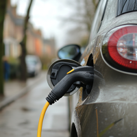 Grey electric car plugged into charge