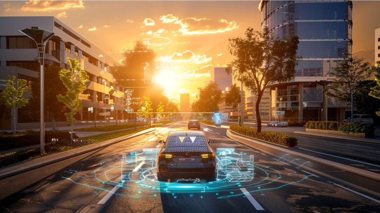 realistic photographic image of a modern electric vehicle commuting through a smart city, augmented reality HUD on windscreen