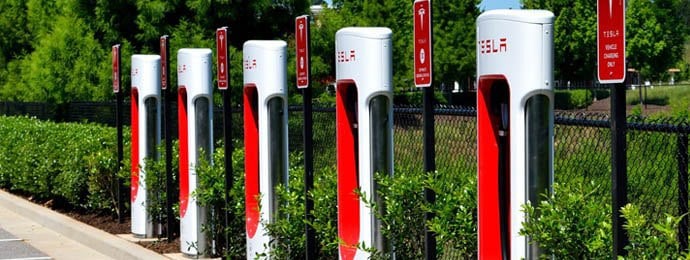 row of tesla superchargers