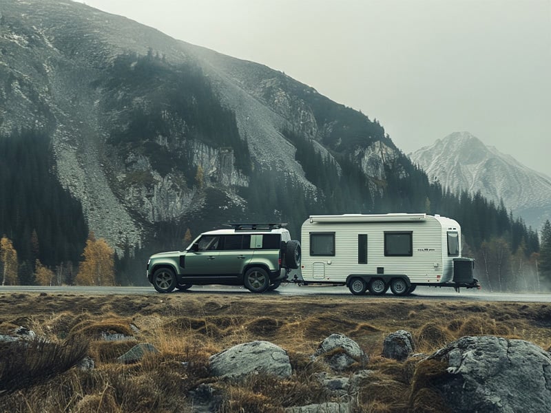 Land Rover Defender towing a large twin-axle caravan on a mountain road