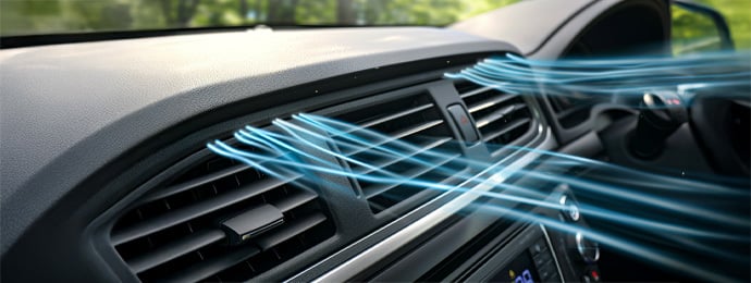 Close-up of a car’s dashboard air vents with visual airflow lines, showing vehicle air conditioning system and in-car climate control technology