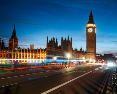 Houses of Parliament and Big Ben at night, view from Westminster Bridge