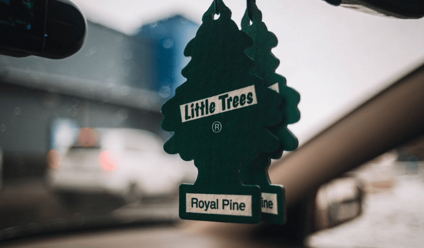 Green tree-shaped air freshener hanging from car mirror, depicting 'Royal Pine' scent.