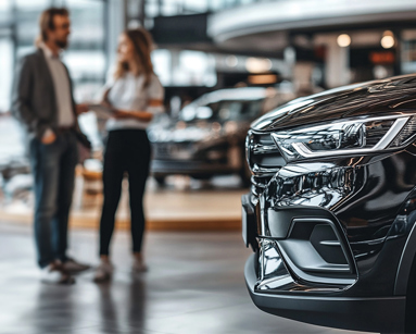 Close-up of a sleek black car in a modern dealership showroom, with two people in conversation in the blurred background