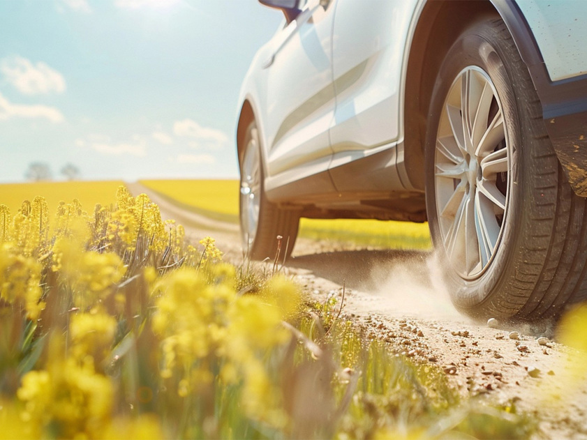 Close-up of a white SUV driving along a dusty country track through a yellow rapeseed field on a sunny spring day in the UK
