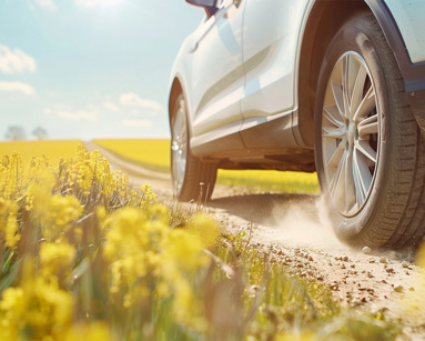 Close-up of a white SUV driving along a dusty country track through a yellow rapeseed field on a sunny spring day in the UK