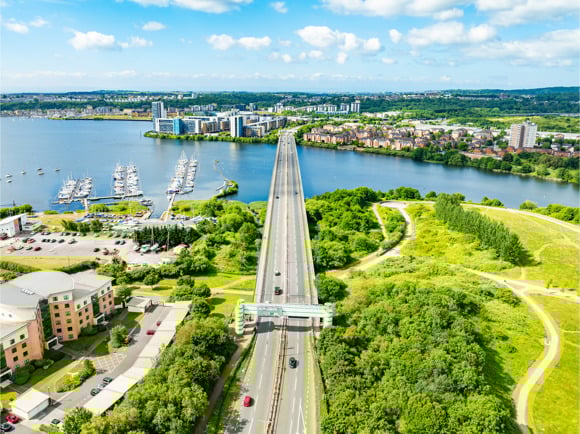 Aerial shot of Cardiff City, UK