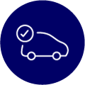 A white outline of a car with a circular symbol containing a checkmark above it, set on a dark blue circular background.
