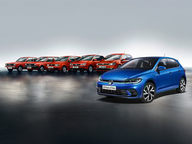 Line-up of Volkswagen Polo models from 1975 to 2025, showcasing the evolution of Polo design over 50 years