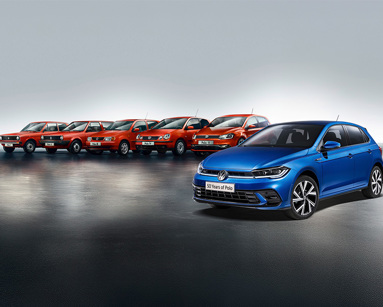 Line-up of Volkswagen Polo models from 1975 to 2025, showcasing the evolution of Polo design over 50 years