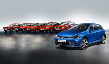 Line-up of Volkswagen Polo models from 1975 to 2025, showcasing the evolution of Polo design over 50 years