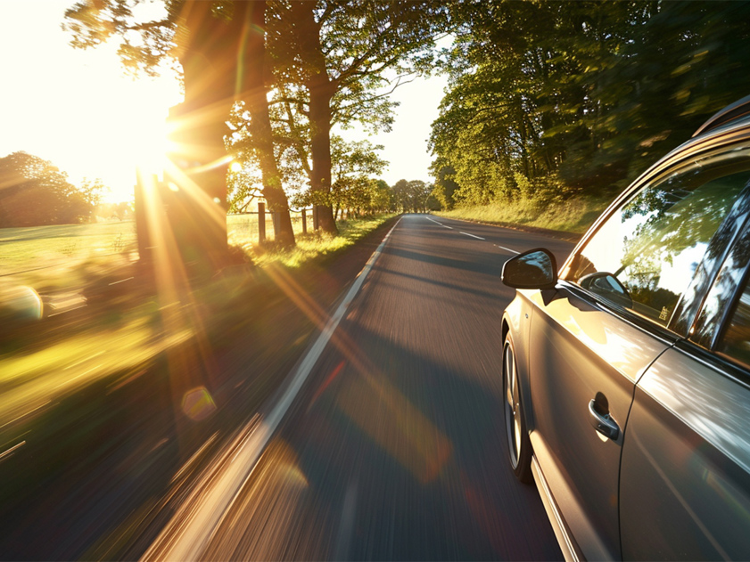 Side view of a modern silver car driving down a sunny countryside road