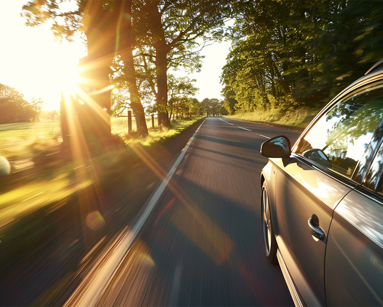 Side view of a modern silver car driving down a sunny countryside road