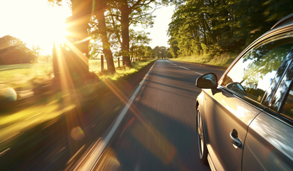 Side view of a modern silver car driving down a sunny countryside road