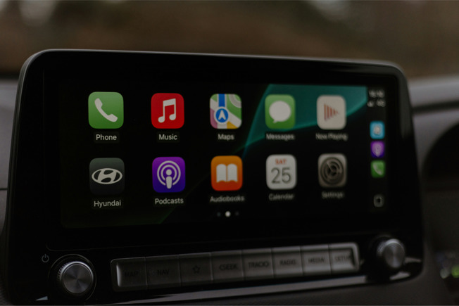 Close-up of a Hyundai car infotainment screen featuring Apple CarPlay interface