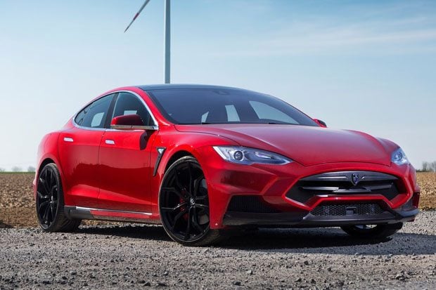 The front of a Red Tesla Model S