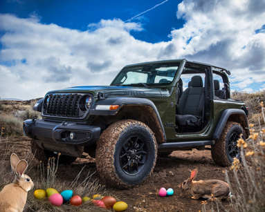 Green Jeep Wrangler with doors off parked on a muddy trail, surrounded by Easter eggs and rabbits
