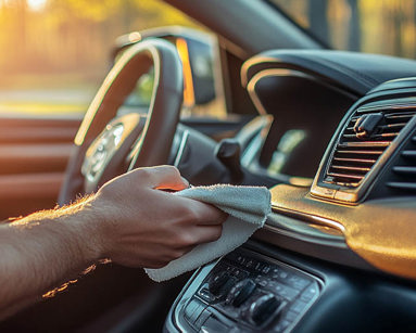 Person cleaning dashboard of a car with a cloth