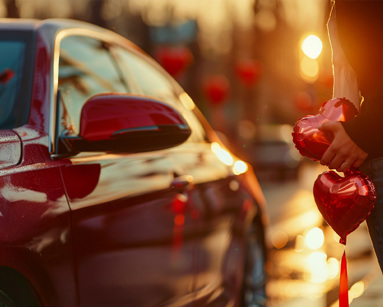 Romantic scene with a red car and a man with heart-shaped balloons, reflecting a Valentine's Day celebration at sunset