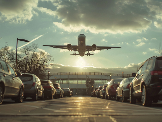 Plane flying over airport car park with parked cars and terminal in background