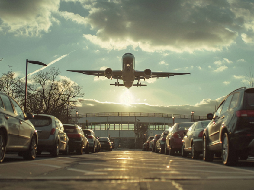 Plane flying over airport car park with parked cars and terminal in background