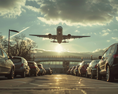 Plane flying over airport car park with parked cars and terminal in background