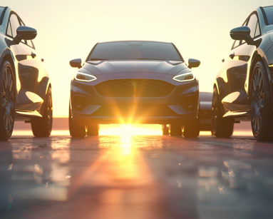 Ford Fiesta hatchbacks lined up at sunset with headlights on, highlighting the car’s sporty front design