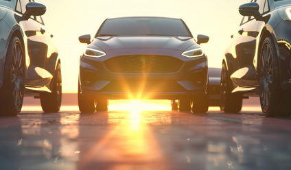 Ford Fiesta hatchbacks lined up at sunset with headlights on, highlighting the car’s sporty front design