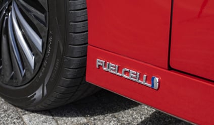 Close-up view of a Toyota Mirai in red