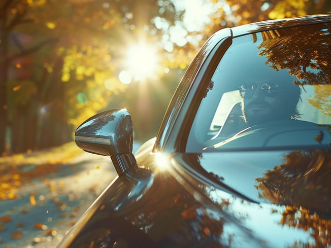Man driving a sleek modern car on a sunny autumn road