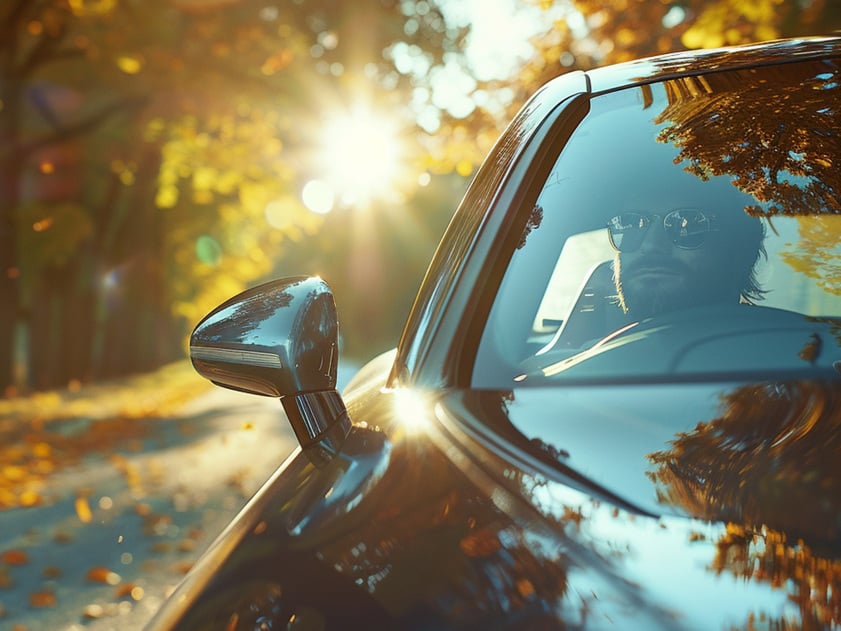 Man driving a sleek modern car on a sunny autumn road
