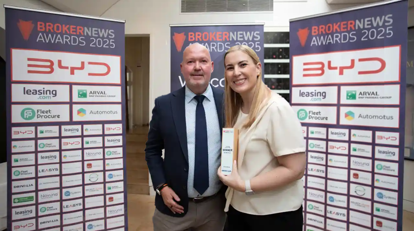 Donna Kelly, Woman in Broking winner for 2025 with Simon Leake of award sponsors Drivalia