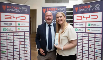 Donna Kelly, Woman in Broking winner for 2025 with Simon Leake of award sponsors Drivalia