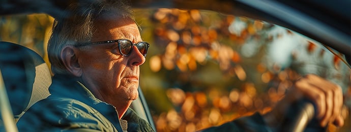 Senior man driving a car in autumn wearing sunglasses