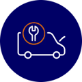 A white outline of a van with a orange circular border containing a spanner icon above it, set on a dark blue circular background.