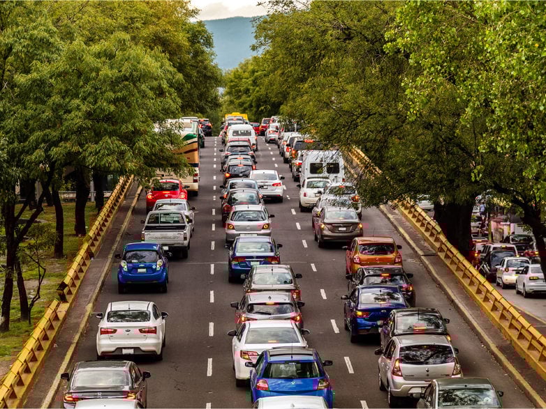 Cars stuck in lanes of traffic in Mexico City