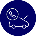 A white outline of a car with an open bonnet and a circular phone handset icon above it, set on a dark blue circular background.