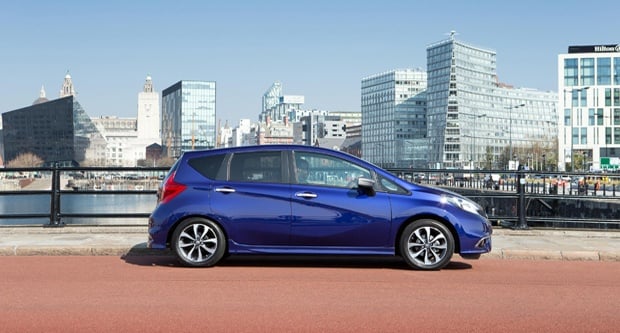 The side of a Blue Nissan Note