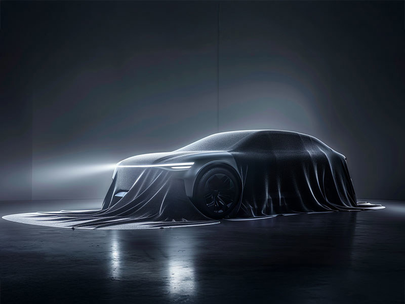 Futuristic SUV hidden under a sleek fabric cover in a dimly lit showroom with one headlight illuminated