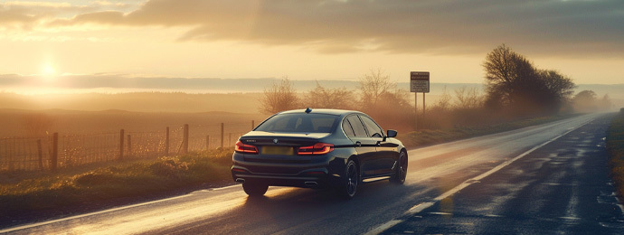 BMW 5 Series driving along a British A-road at sunrise with misty countryside views