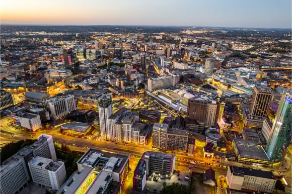 Aerial view over the Birmingham city centre by night