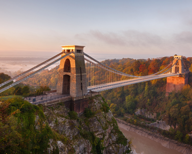 Bristol Clifton Suspension Bridge on an autumn morning at sunrise stock photo