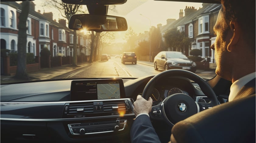 Interior view of a BMW with a businessman driving through a UK residential street at sunrise