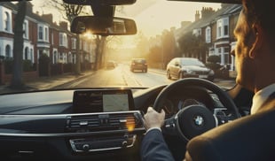 Interior view of a BMW with a businessman driving through a UK residential street at sunrise
