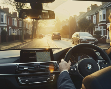 Interior view of a BMW with a businessman driving through a UK residential street at sunrise
