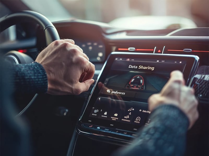 Close-up of a man using a car’s touchscreen infotainment system with data sharing settings visible